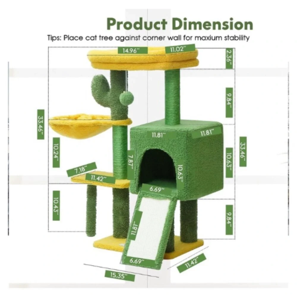 Cat Tree Cactus Tower w/ Large Padded Top Covered Scratching Post 33.46